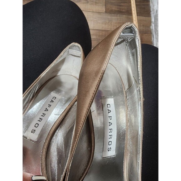 CAPARROS TAN SATIN HEELS PUMPS ETHEL PEEP TOE Shoes rhinestone bling Sz 7.5B - Picture 8 of 8